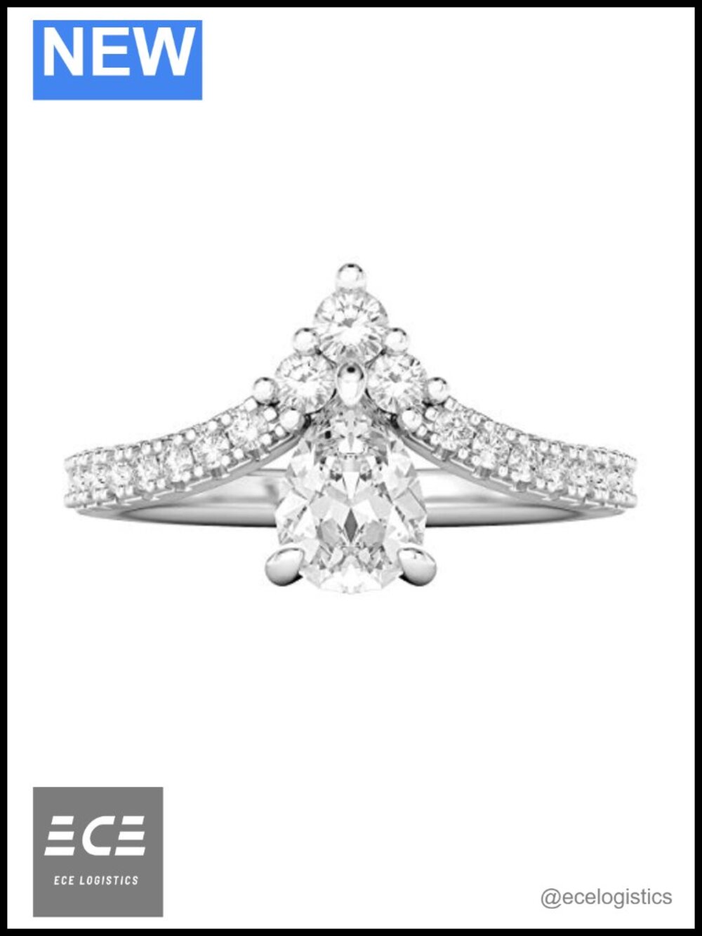 Sterling Silver Princess Crown Pear Simulated Diamond Engagement Ring